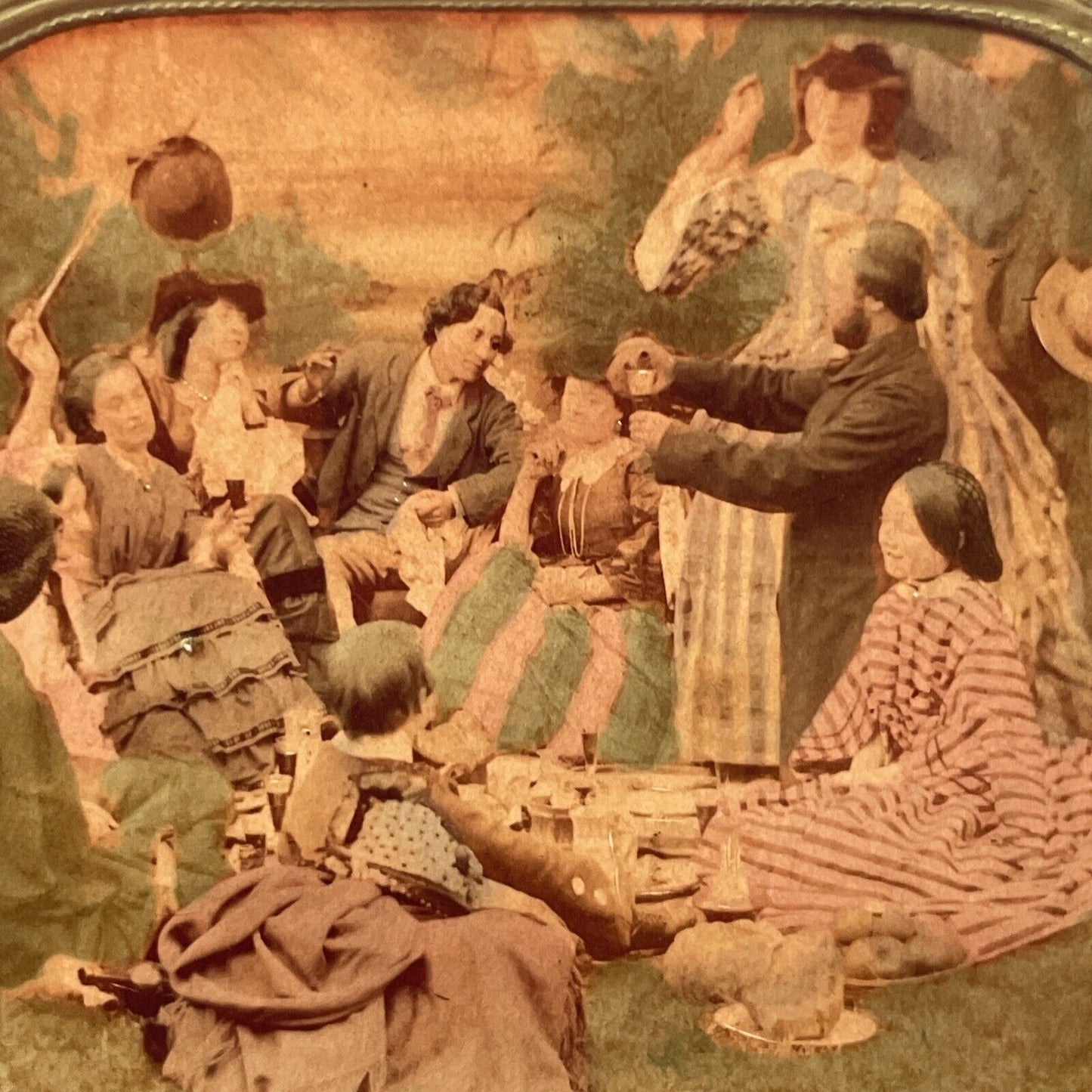 Family Picnic Drinking Wine Stereoview French Tissue Antique c1860s XT2123