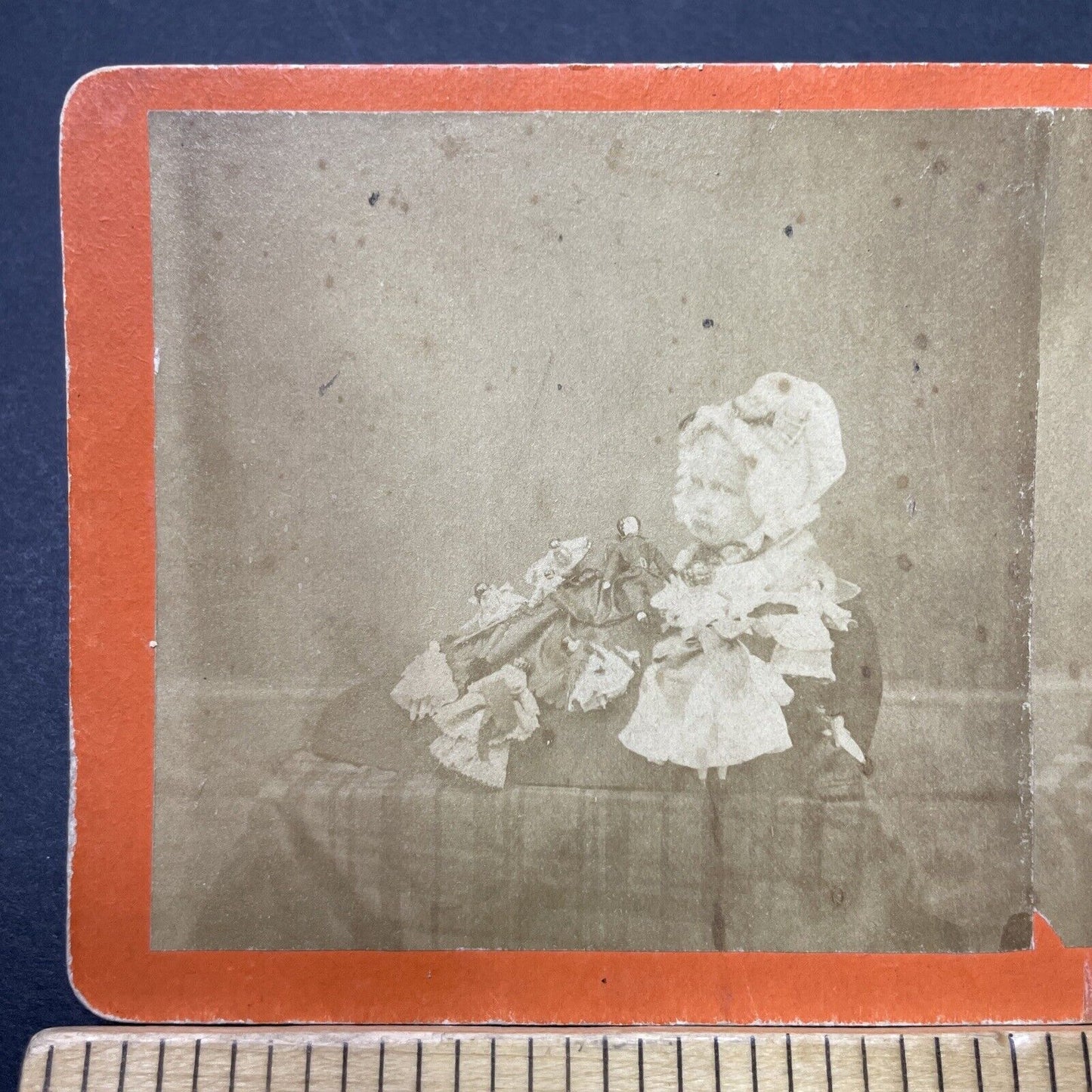 Antique 1860s Victorian Little Girl With Her Dolls Stereoview Photo Card P3475