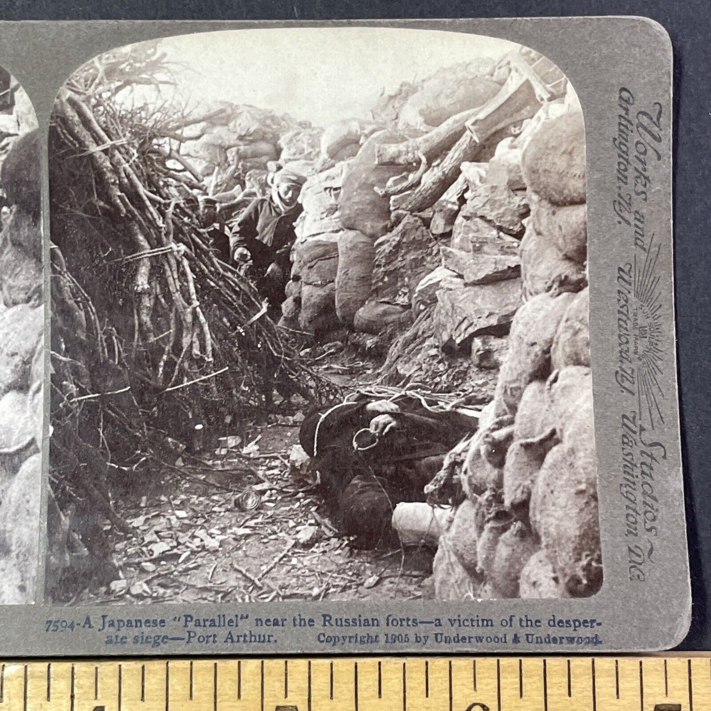 Japanese Soldier Dead In Trench Stereoview Dalian China Antique c1905 X2809