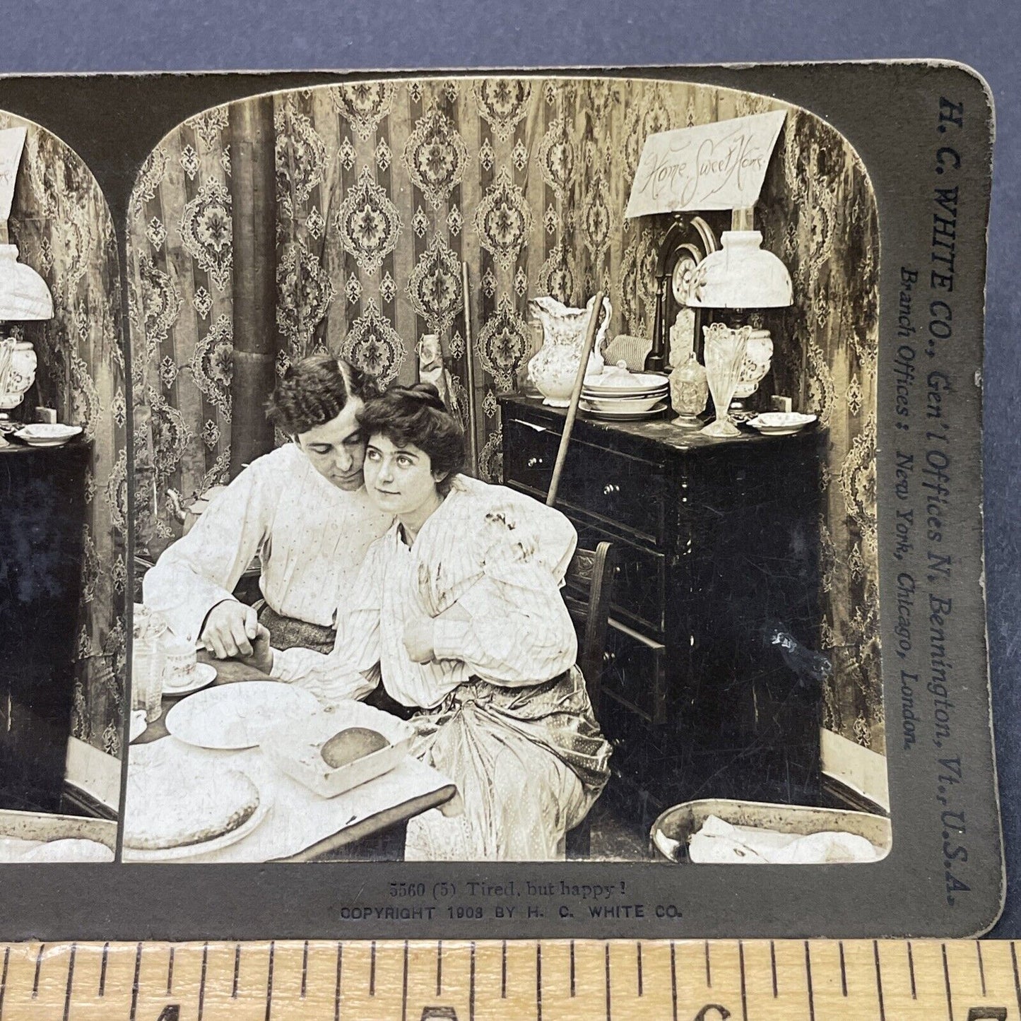 Antique 1903 Young Couple Cuddles Over Dinner Stereoview Photo Card P2690