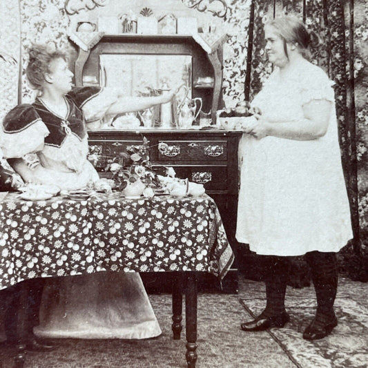 Antique 1897 Maid Serves Dinner In Her Underwear Stereoview Photo Card P2866