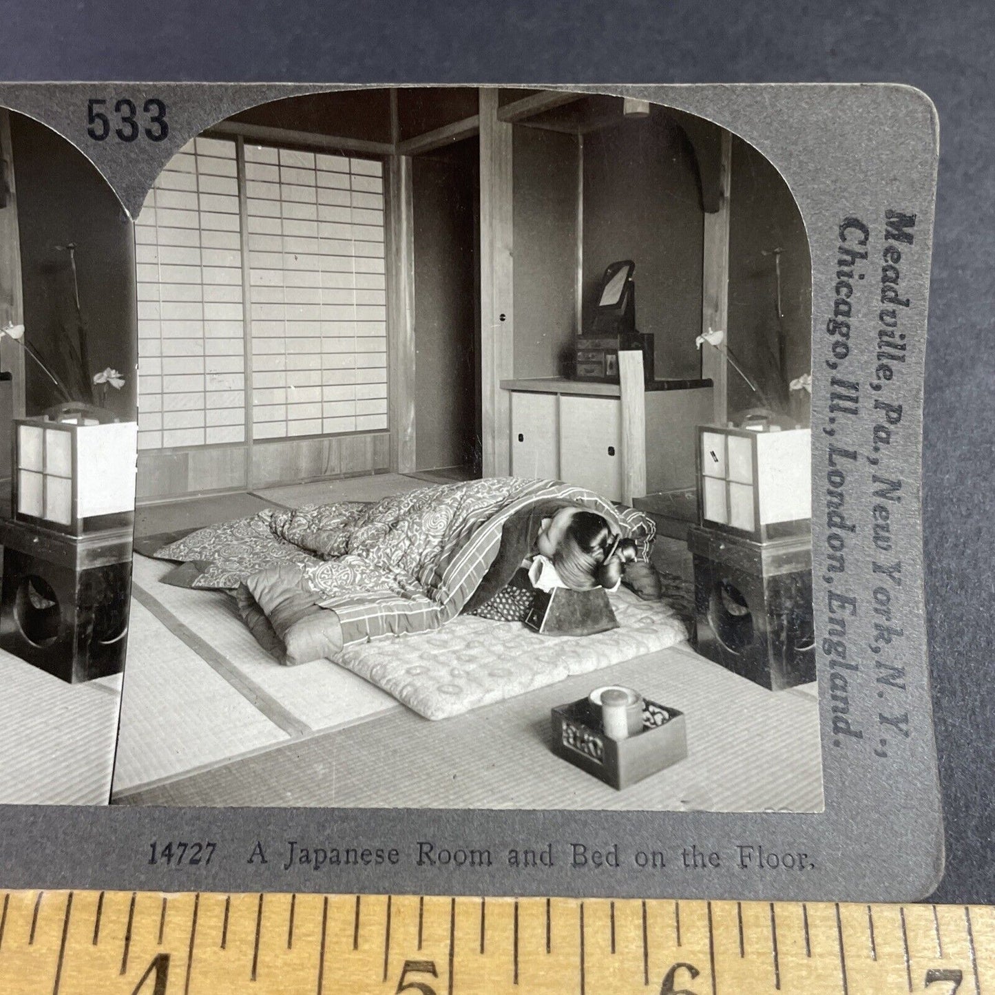 Antique 1910s Traditional Geisha Bed & Pillow Japan Stereoview Photo Card P3623