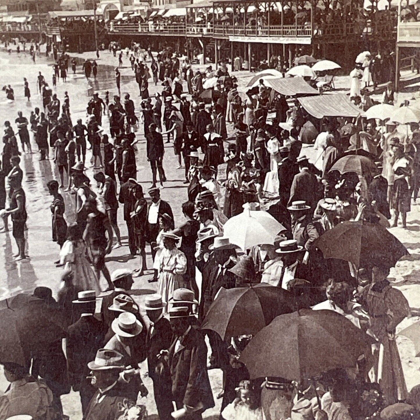 Crowded Beach Atlantic City New Jersey Stereoview Antique c1896 Y1022