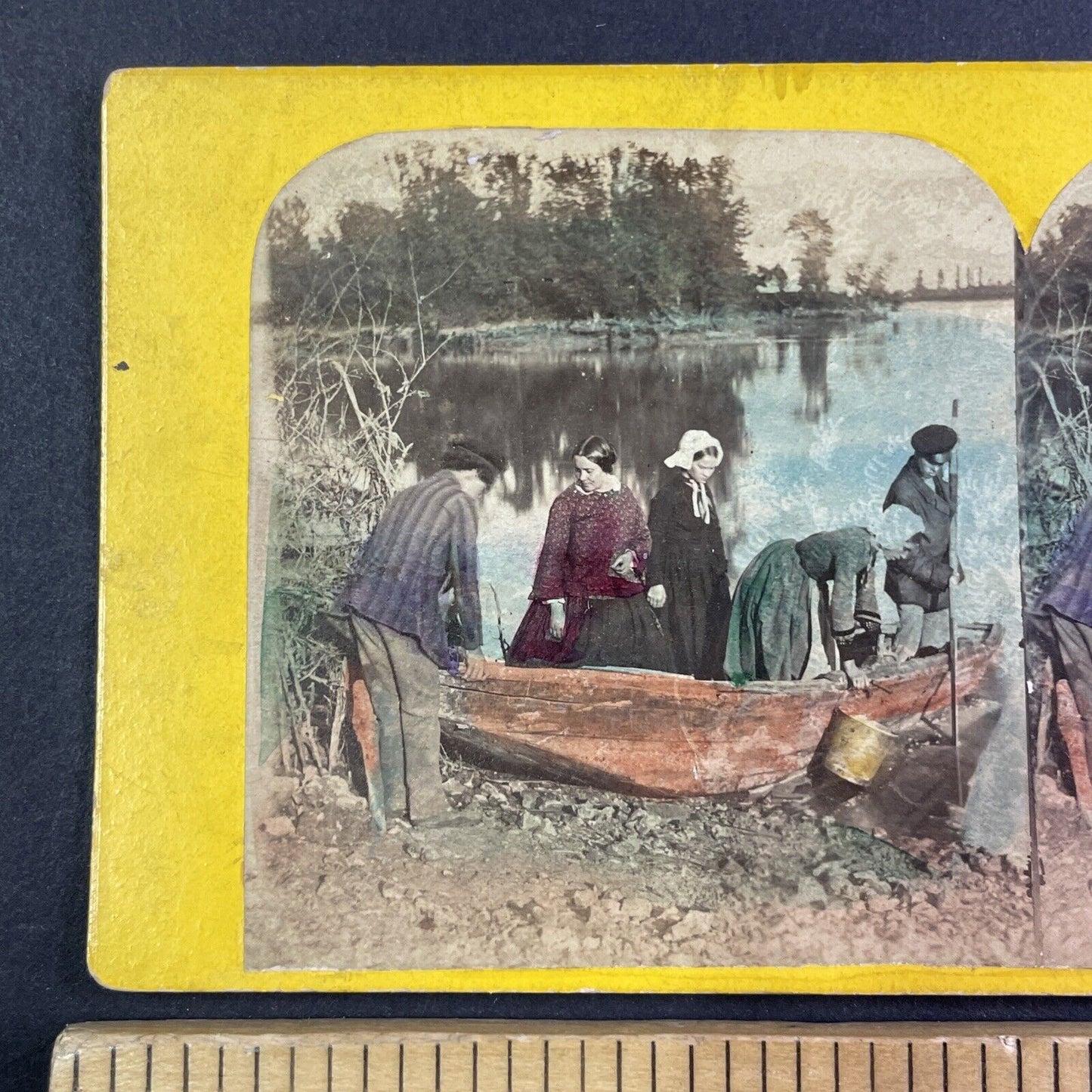 People Make River Crossing in Tree Trunk Boat Stereoview Antique c1860 Y1341