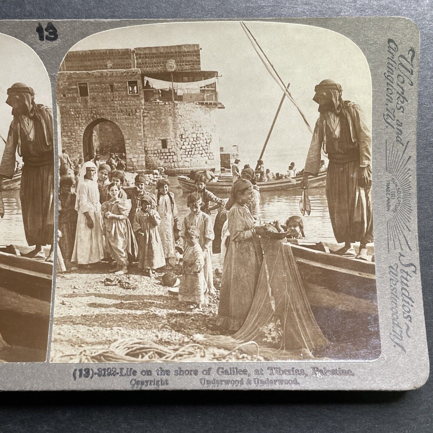 Antique 1901 Fisherman Return With Fish In Tiberias Stereoview Photo Card P1331