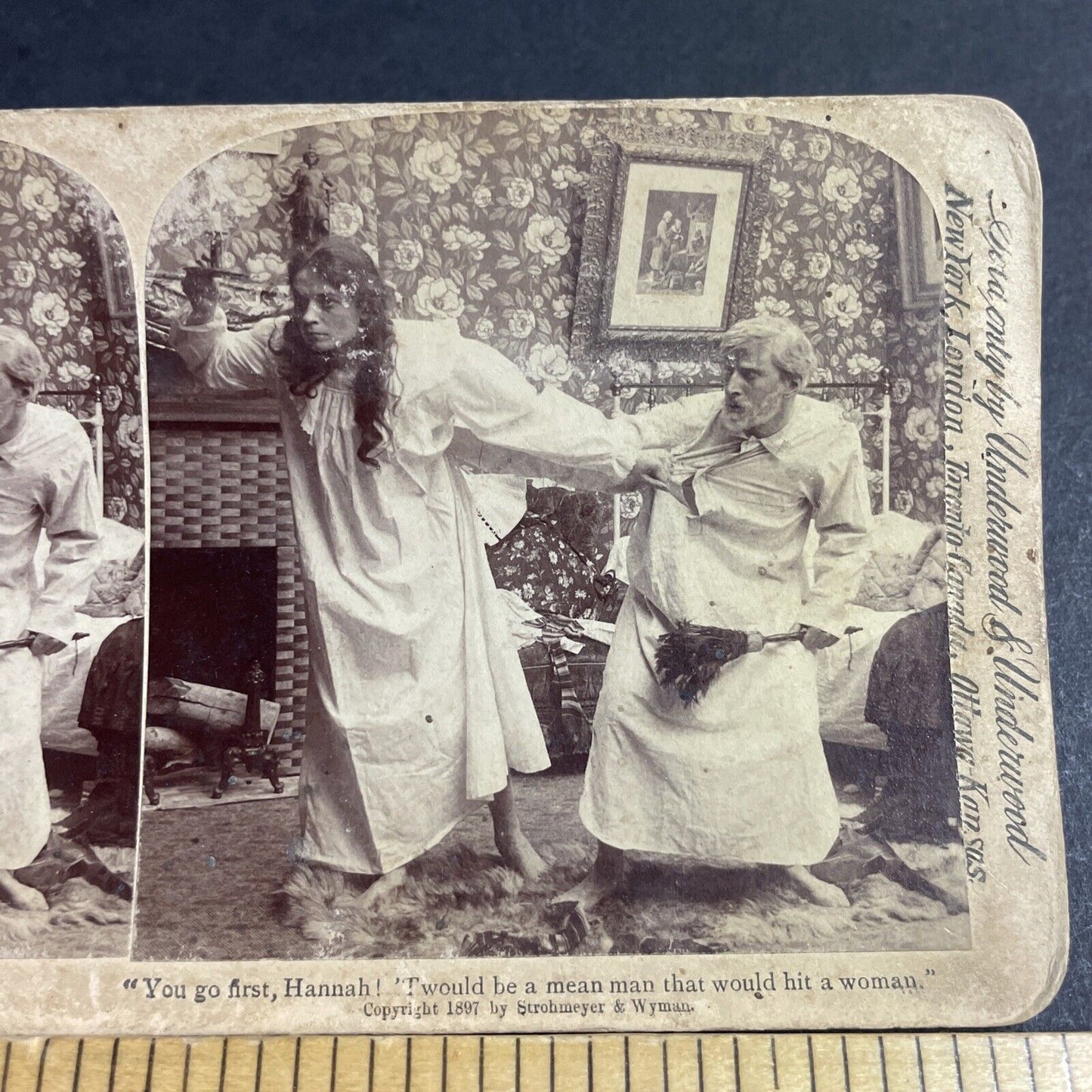 Antique 1897 Woman Bravely Confronts Intruder Stereoview Photo Card P4709