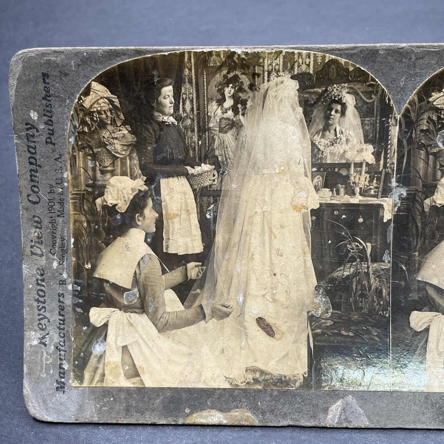 Antique 1901 Maidens Prepare Bride For Wedding Stereoview Photo Card P580-034