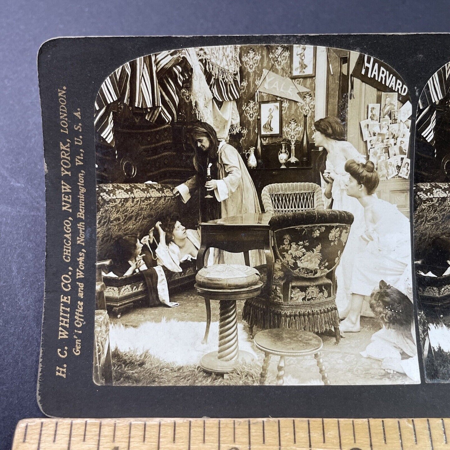 Antique 1902 Women In Brothel Hide From Madame Stereoview Photo Card P2903