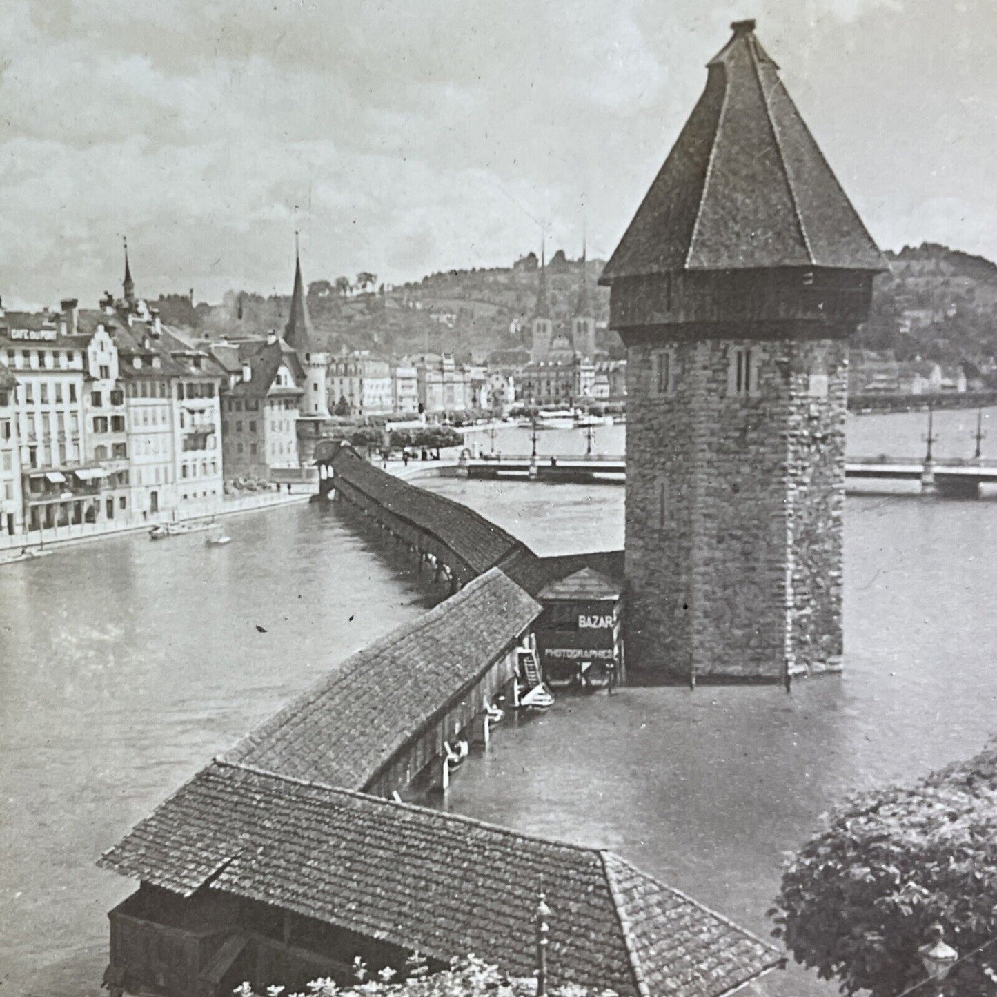 Antique 1901 Kapellbrucke Bridge Lucerne Switzerland Stereoview Photo Card P2136