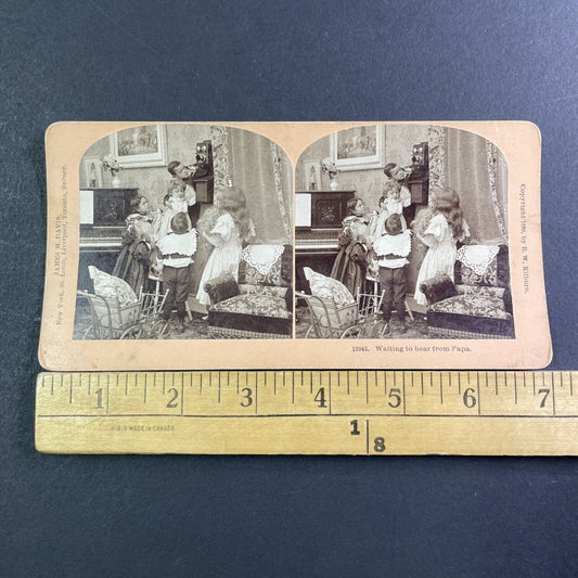 Children Learn To Use A Telephone Stereoview James M Davis Antique c1899 X1829