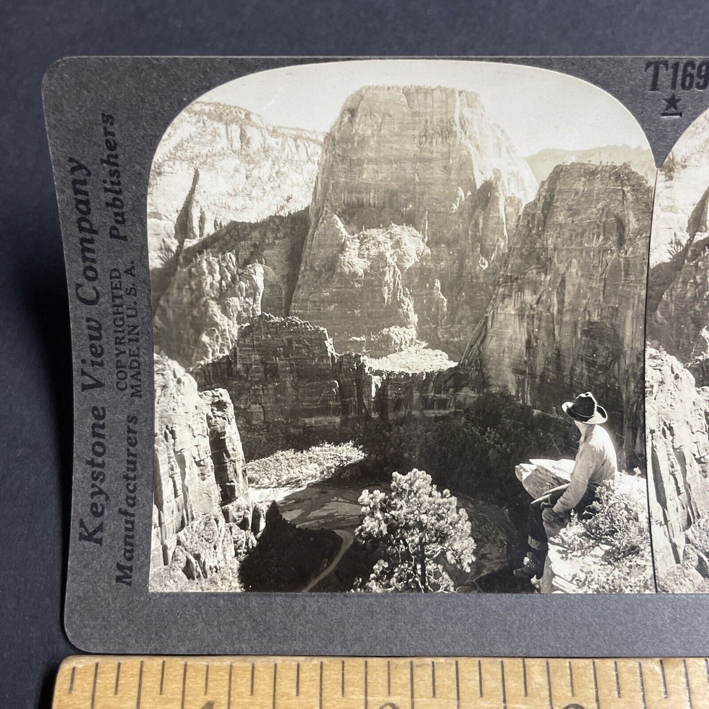 Antique 1920s Man Tempts Fate Zion Park Cliff Utah Stereoview Photo Card P4863