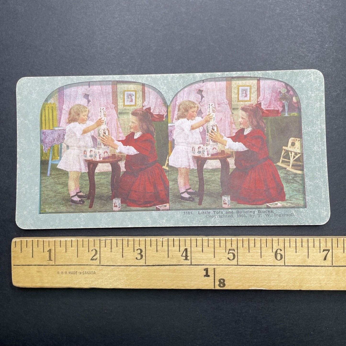 Antique 1905 Children Stack Toy Blocks Stereoview Photo Card P580-017