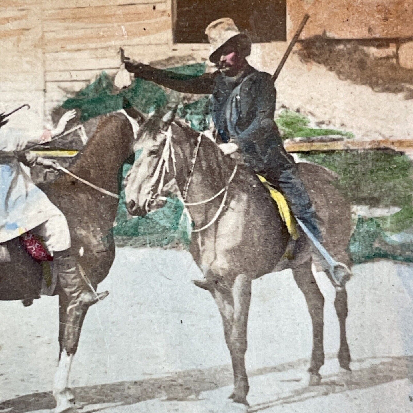 CSA Civil War Mounted Cavalry Stereoview Staged Tax Collector Scene c1860s Y961