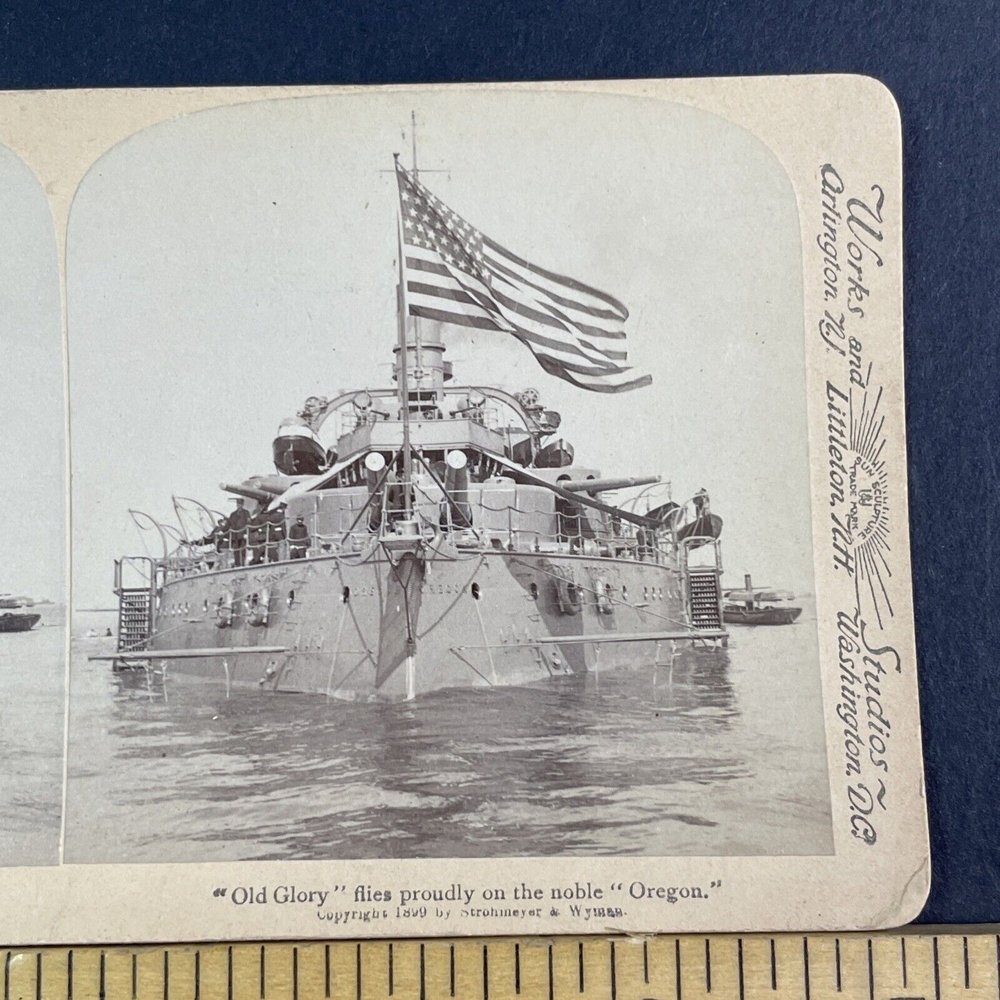 USS Oregon Navy Battleship Stereoview American Flag Antique c1899 X3123