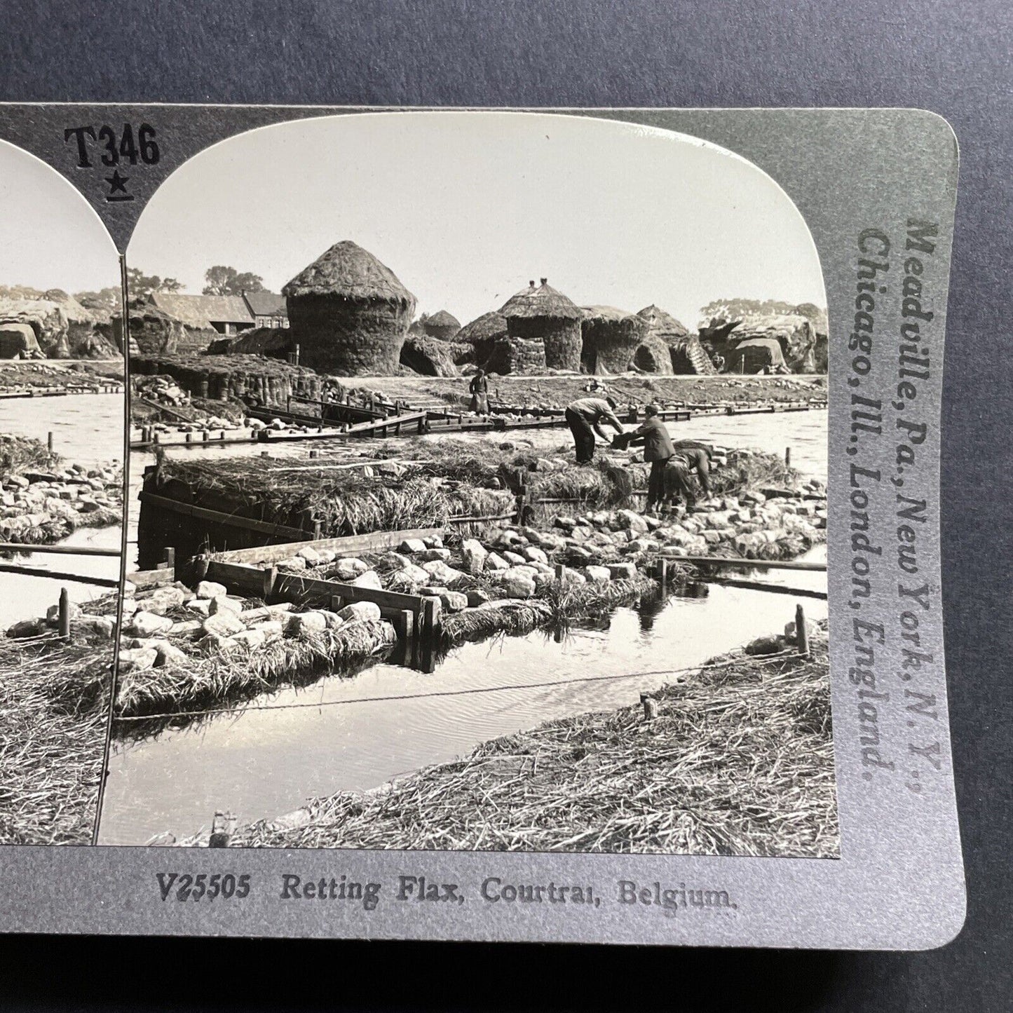 Antique 1915 Flax Farming Kortrijk Belgium Stereoview Photo Card P1765