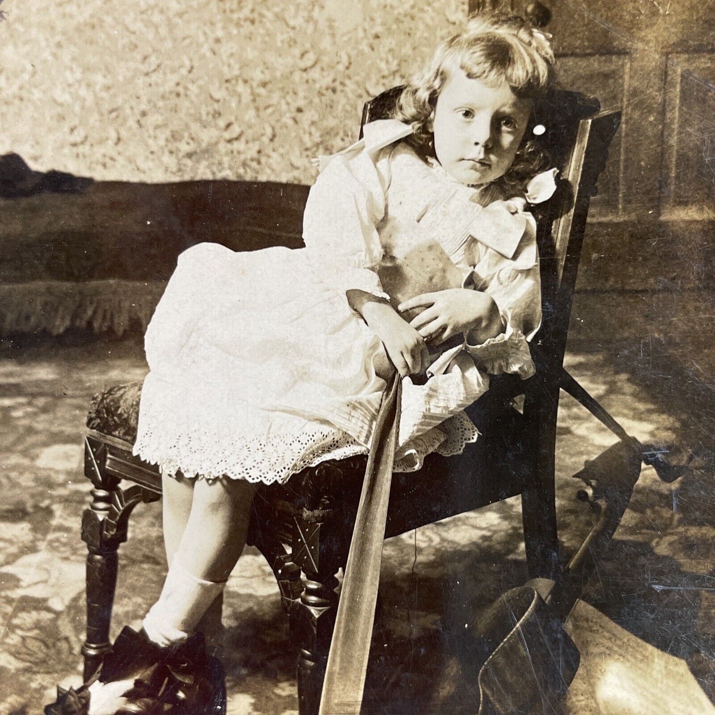 Antique 1900 Young Girl Practices Acoustic Guitar Stereoview Photo Card P3357