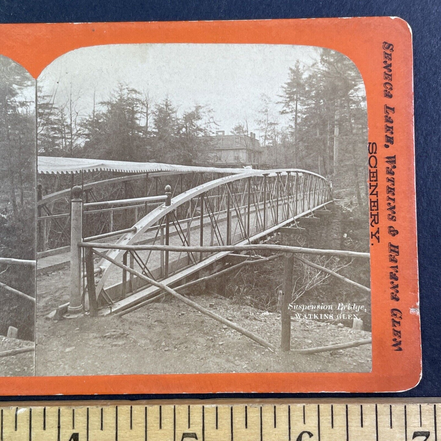 First Suspension Bridge Watkins Glen New York Stereoview R.D. Crum c1870 Y1203