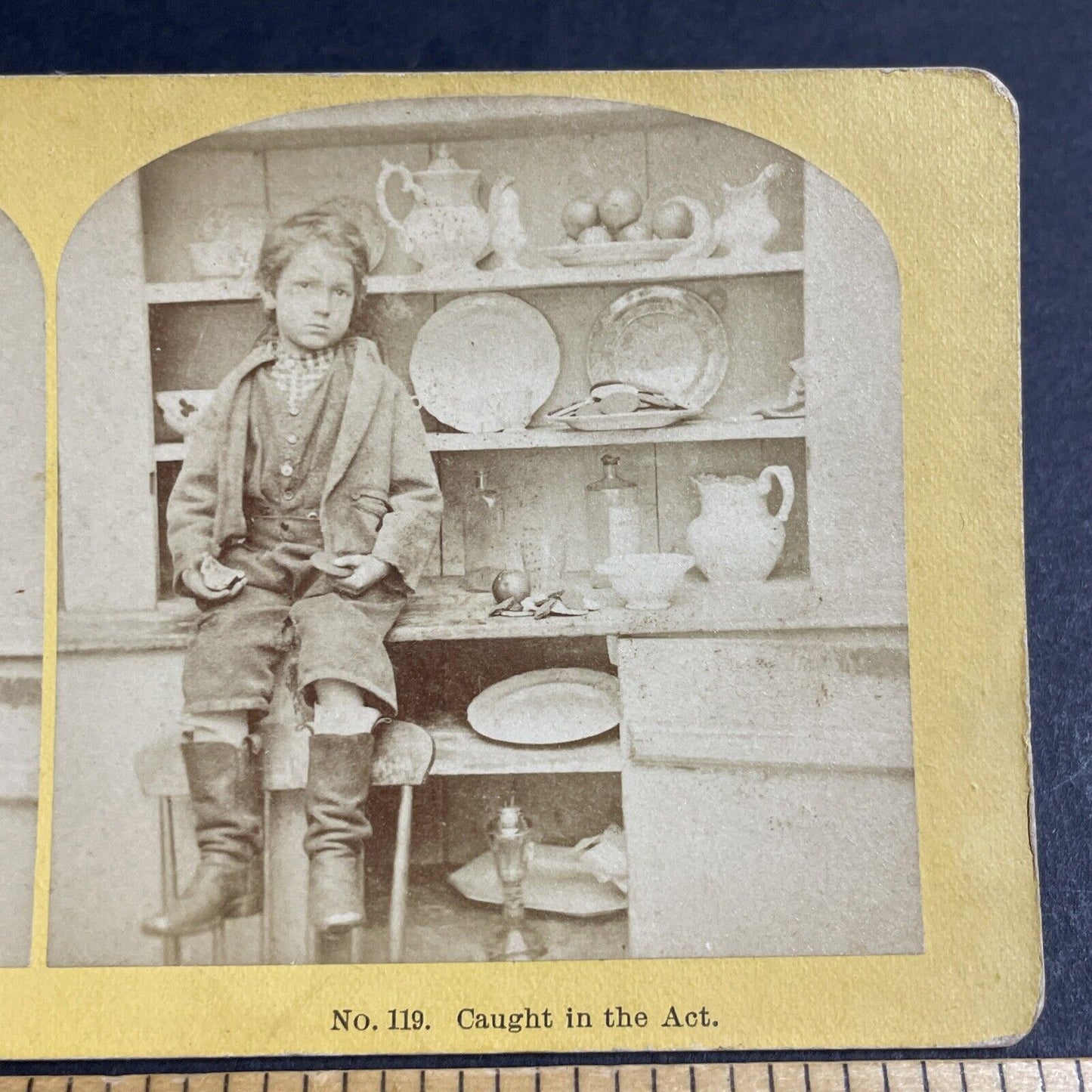 Antique 1870s Boy Caught Stealing A Cookie & Apple Stereoview Photo Card P4695