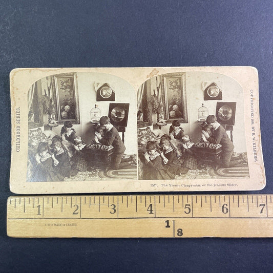 Children Performing Christian Prayer Stereoview BW Kilburn Antique c1884 X4099