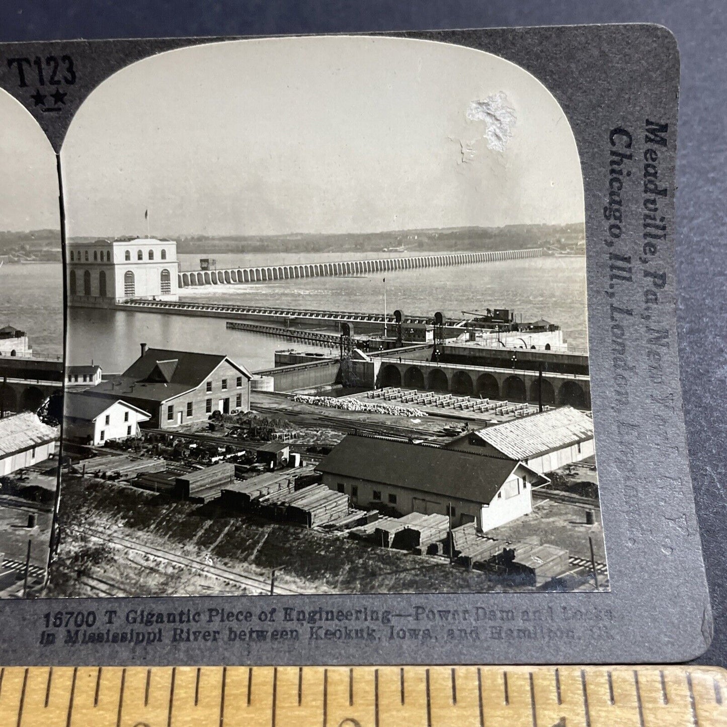 Antique 1910s Keokuk Iowa Hamilton Illinois River Dam Stereoview Photo Card 5043