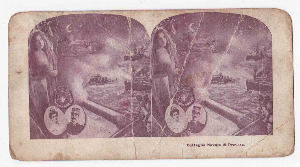 Antique 1911 Italian Propaganda Card Battaglia Navale Prevesa Stereo Card P188