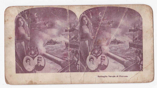 Antique 1911 Italian Propaganda Card Battaglia Navale Prevesa Stereo Card P188