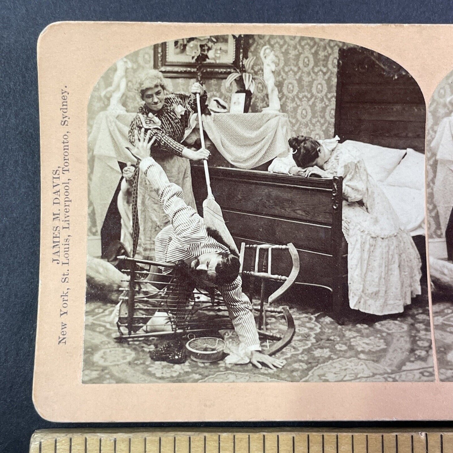 Older Woman Beats Man with a Broom Stereoview Antique c1899 Y1805