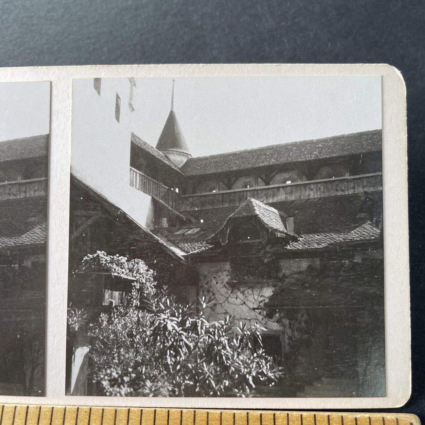 Antique 1925 Chillon Castle Courtyard Switzerlan OOAK Stereoview Photo Card 3268