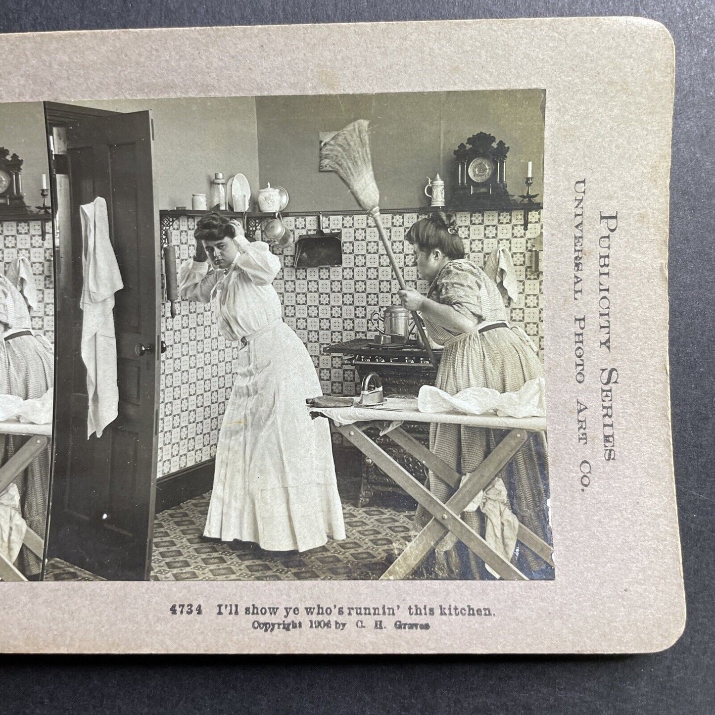 Antique 1906 Wife Chases Mistress Out Of Kitchen Stereoview Photo Card P1644