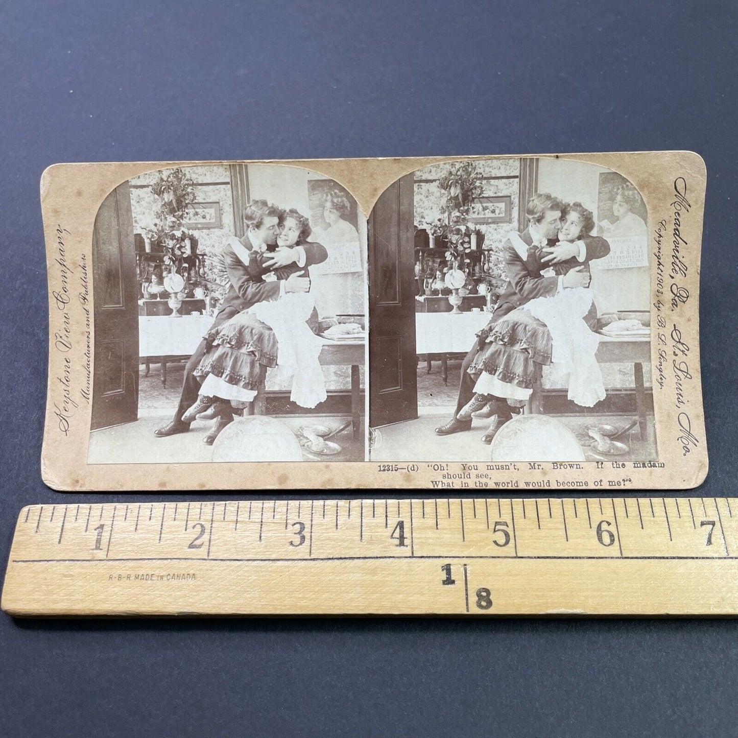 Antique 1903 Man Seduces French Maid In Kitchen Stereoview Photo Card P2622