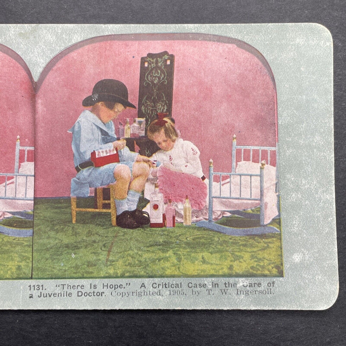 Antique 1905 Children Play Doctor & Nurse On Doll Stereoview Photo Card P1251