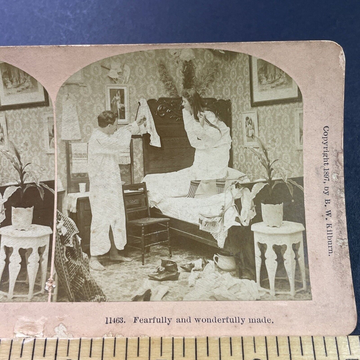 Antique 1897 Man Catches Mouse In Bed Bedroom Stereoview Photo Card P3959