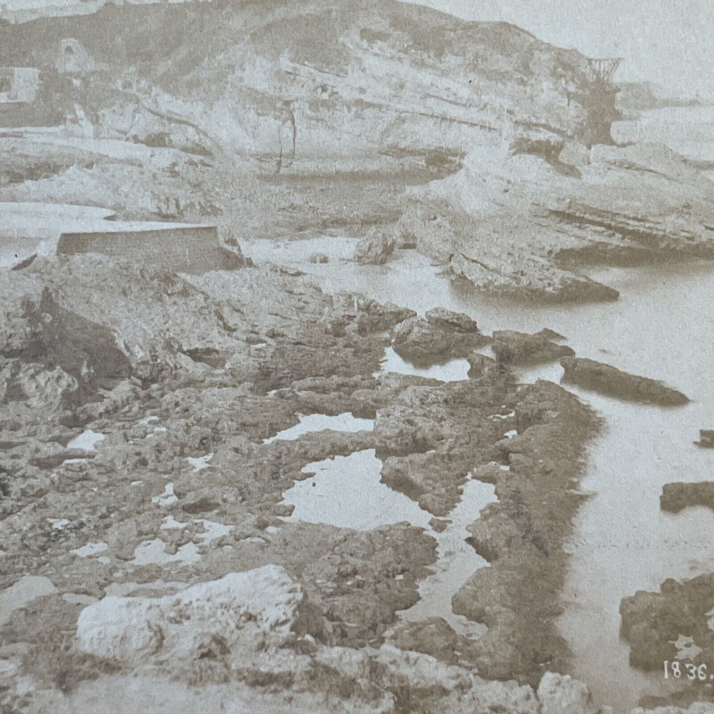 Rocky Shore Biarritz France Stereoview Jean Andrieu Antique c1870s X3774