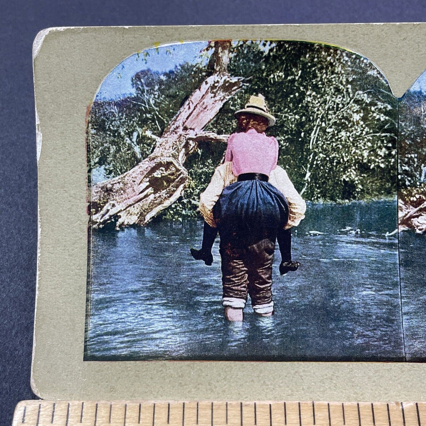 Antique 1903 Man Carries Woman Across A River Stereoview Photo Card V3287