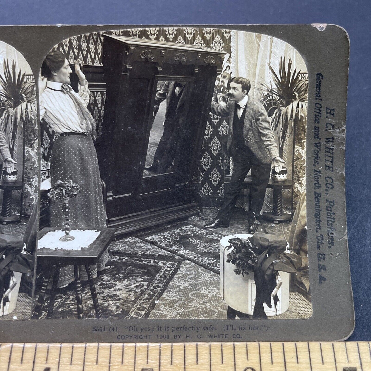 Antique 1903 Man Tips Armoire During Argument Stereoview Photo Card P2699