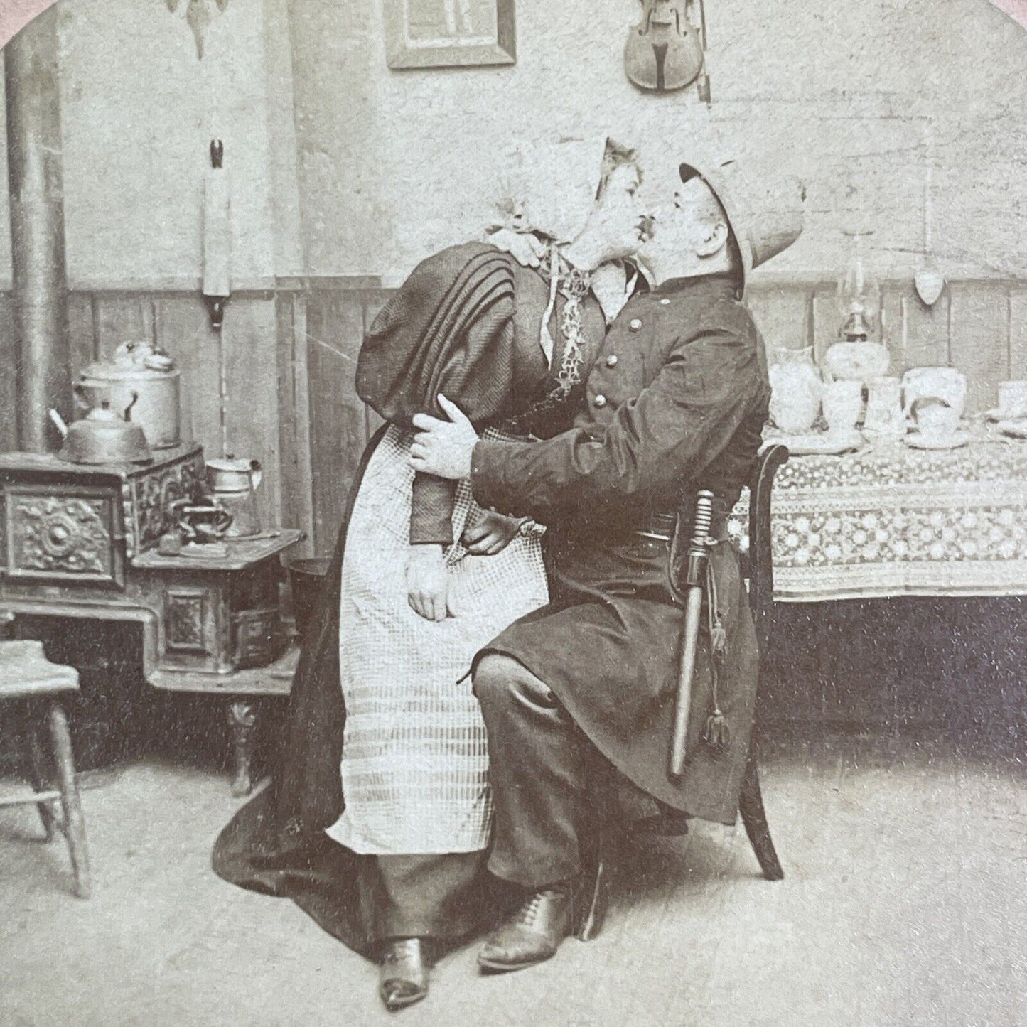 Police Officer Kisses a Woman While Working Stereoview Antique c1899 Y1209