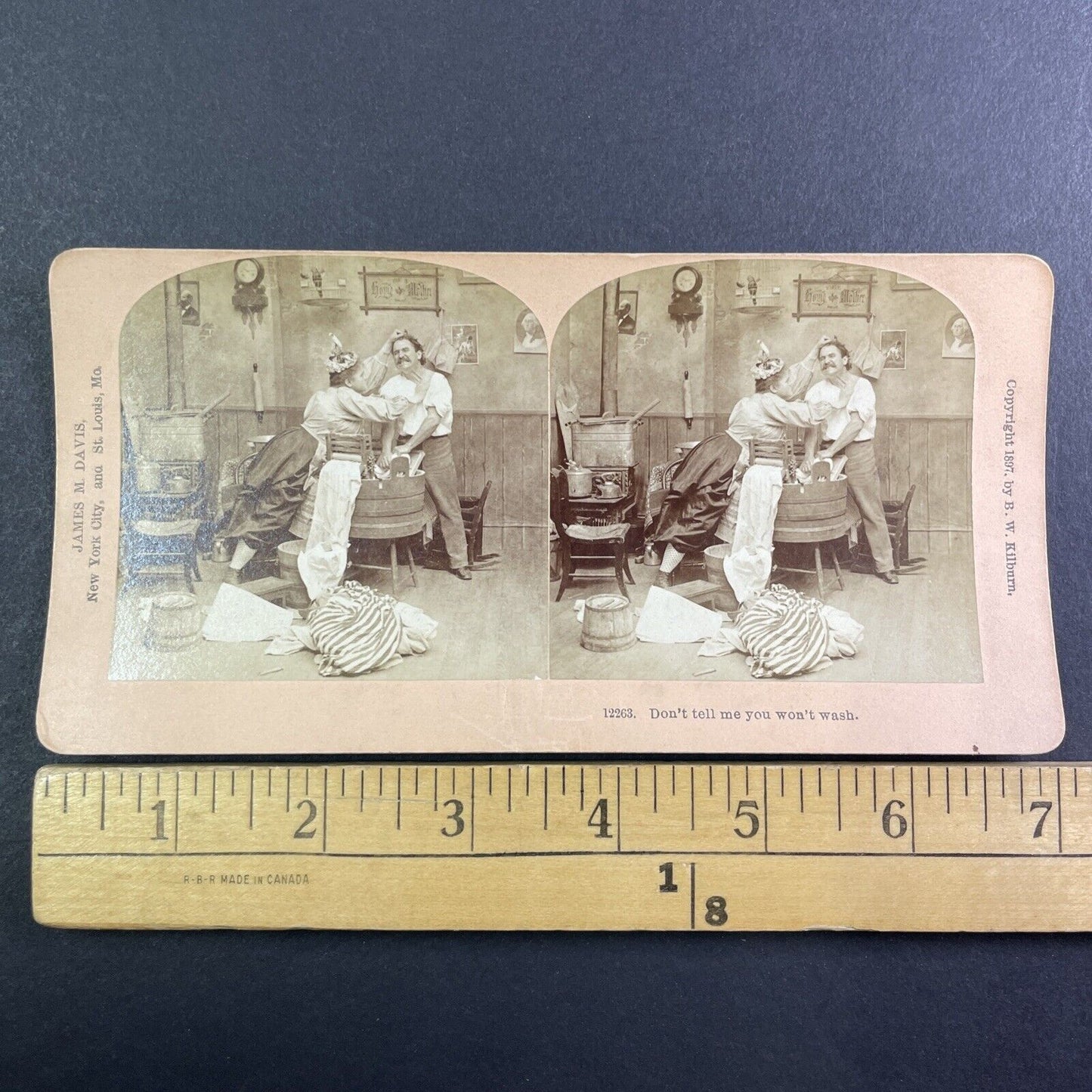 Woman Forces Man to Wash his own Clothes Stereoview c1897 Y1713