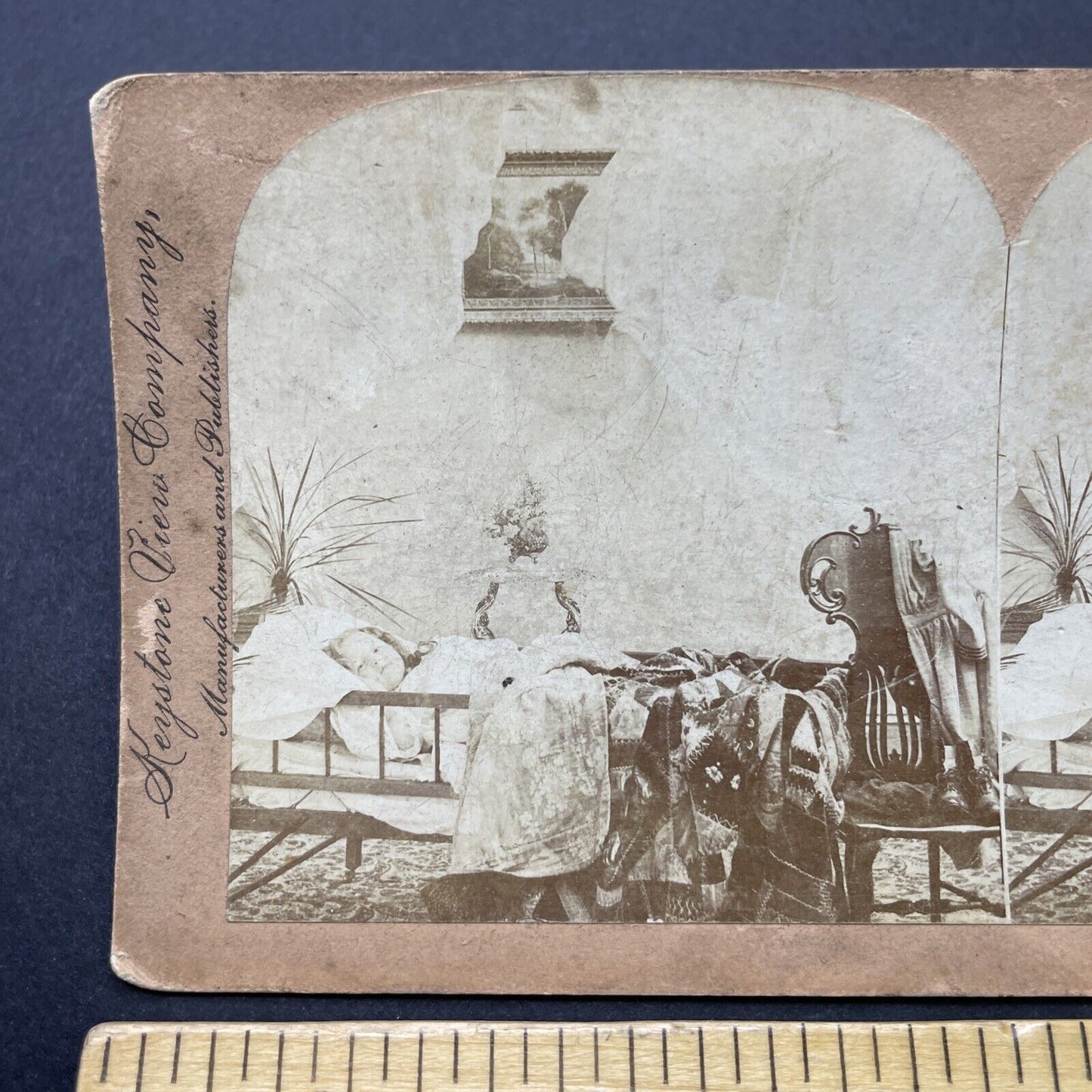 Antique 1898 A Child Sleeping In Her Bed Stereoview Photo Card P2559