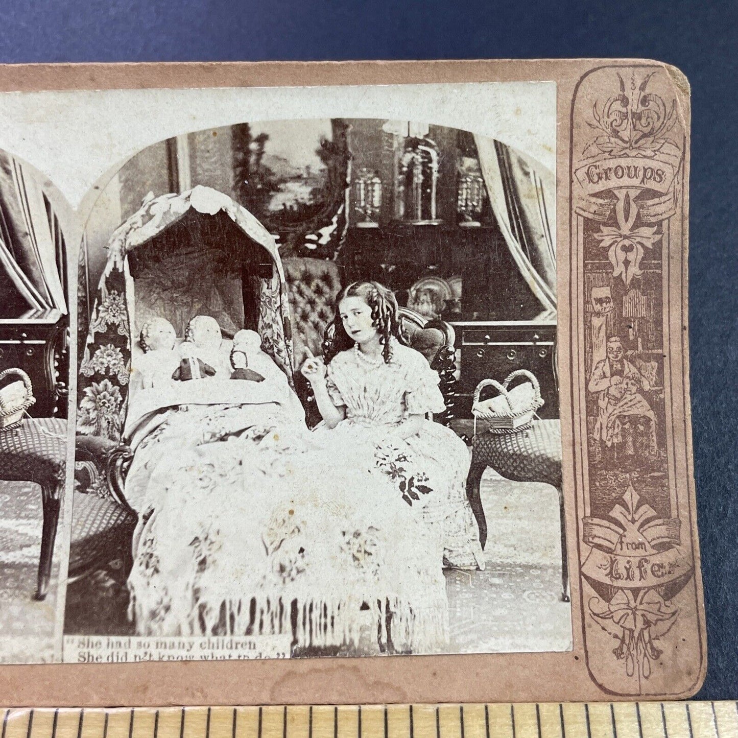 Antique 1870s Wealthy Child Puts Her Dolls To Bed Stereoview Photo Card P4000