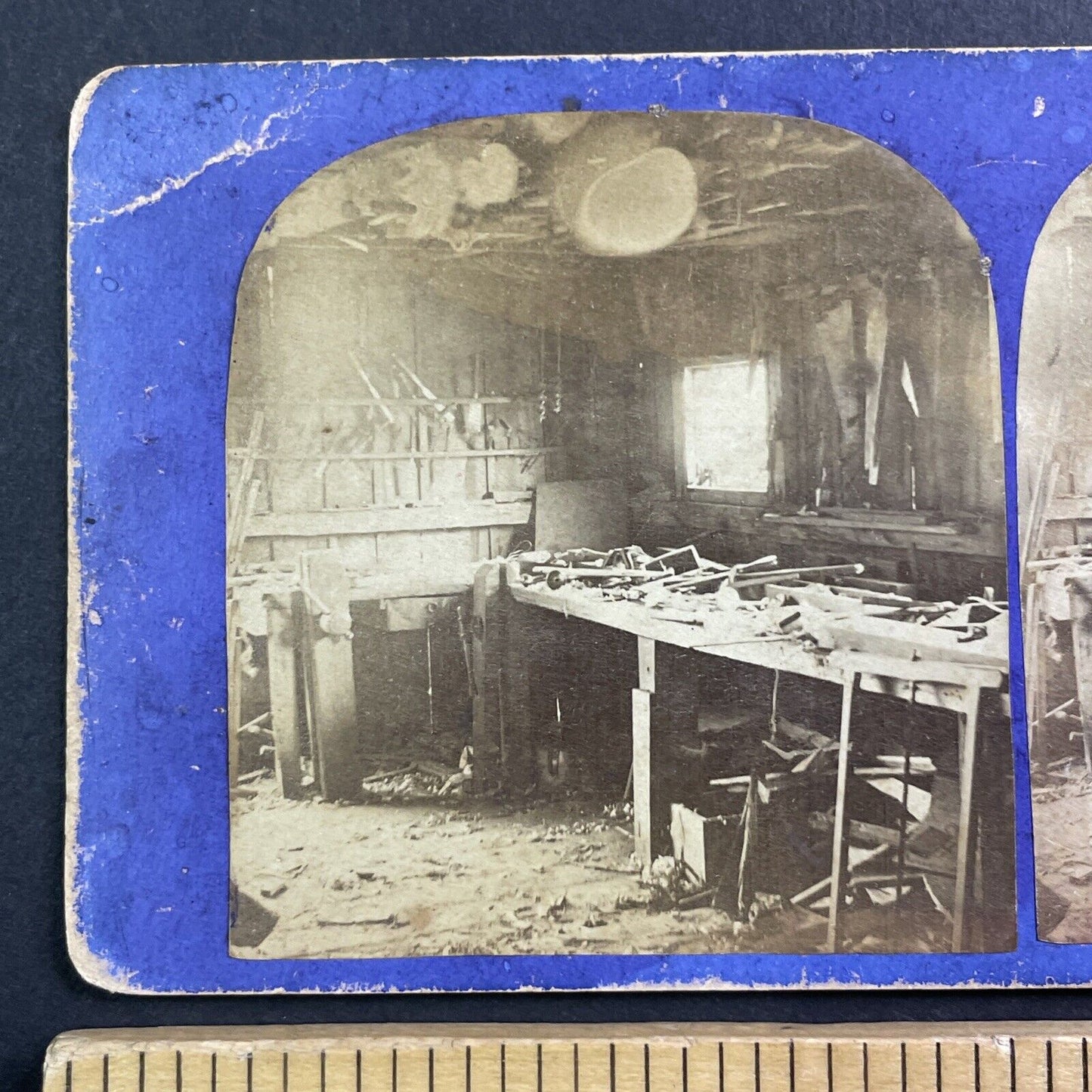 Victorian Woodworking Shop Stereoview att. Jean Andrieu Antique c1870s X4052