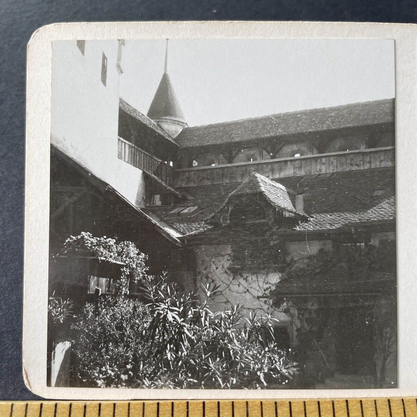 Antique 1925 Chillon Castle Courtyard Switzerlan OOAK Stereoview Photo Card 3268