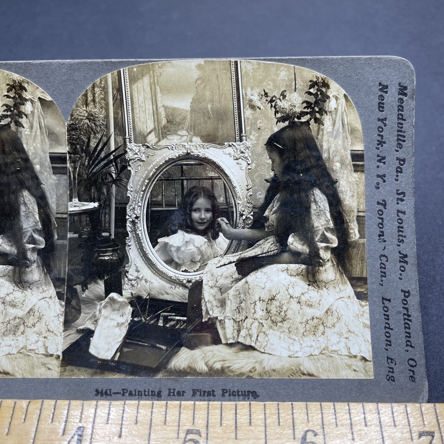 Antique 1898 Girl Painting Her Twin Photo-Trick Stereoview Photo Card P2041