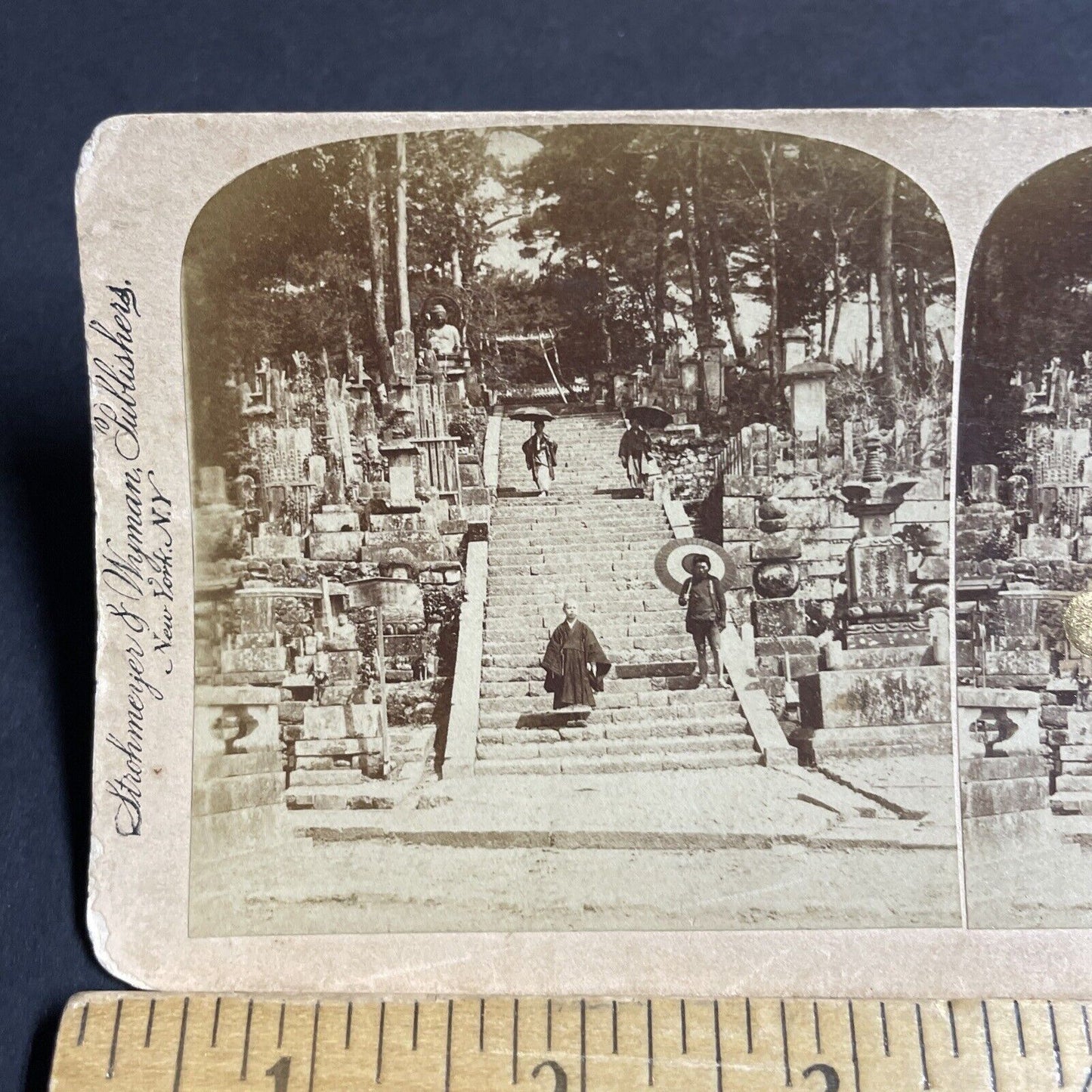 Antique 1896 Buddhist Temple Cemetery Kyoto Japan Stereoview Photo Card P4224