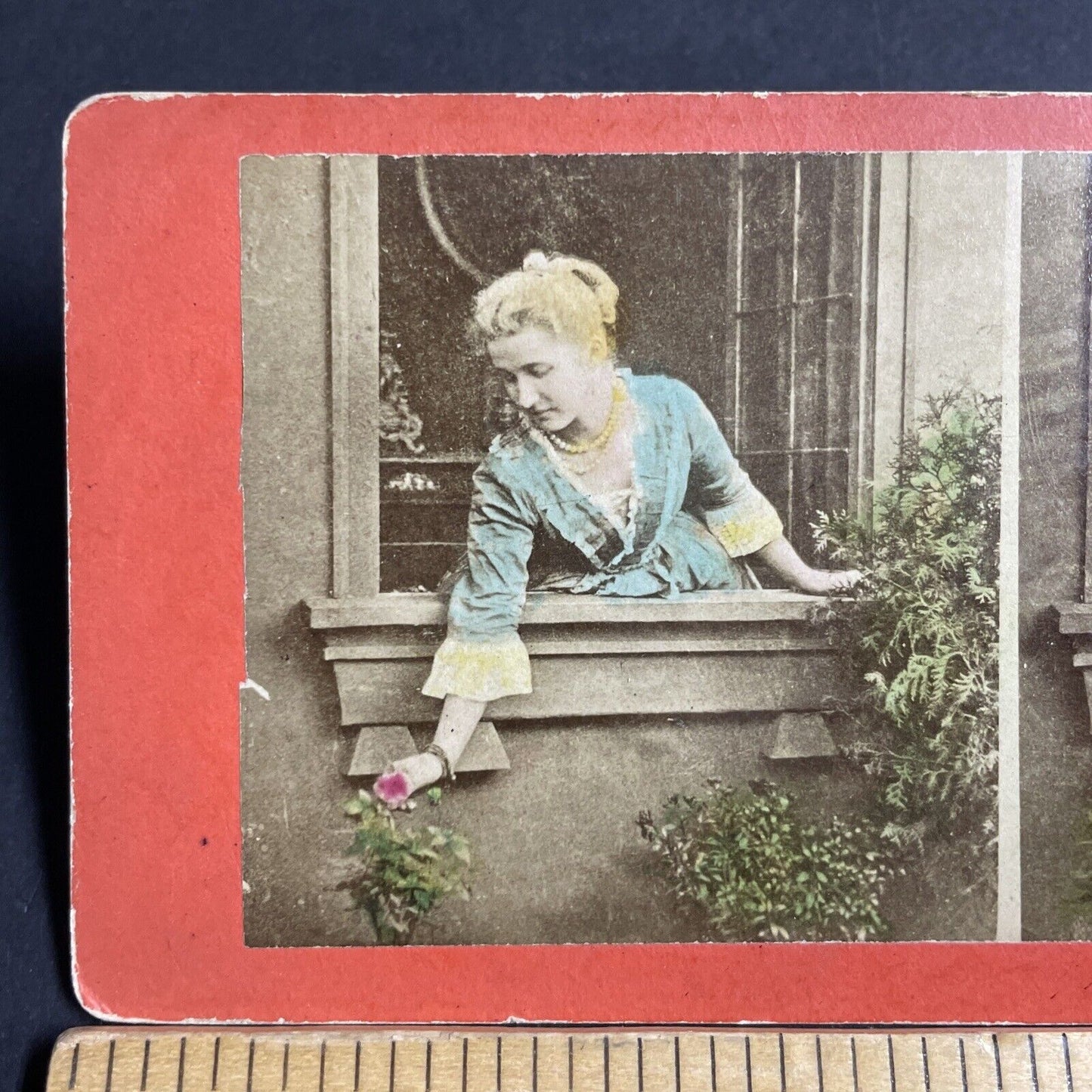 Antique 1860s Blonde Girl Woman Picks A Rose Stereoview Photo Card P4072