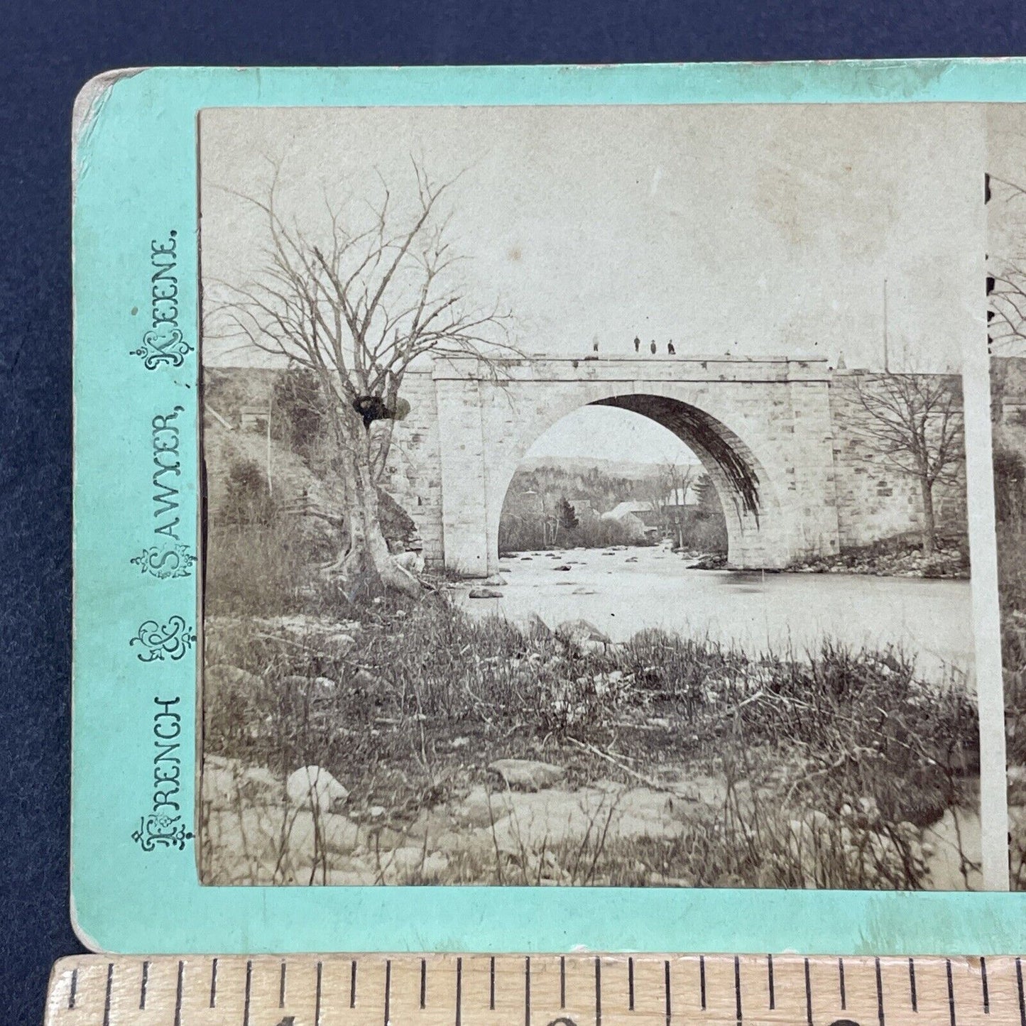 Antique 1860s Stone Arch Bridge Keene New Hampshire Stereoview Photo Card V2075