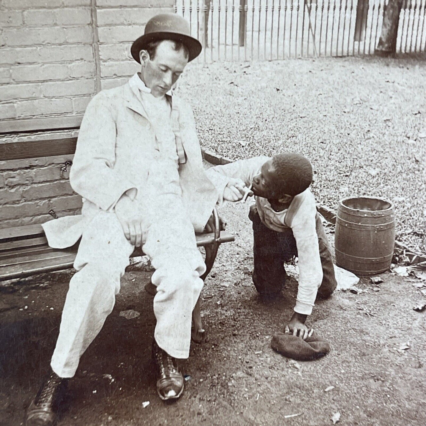 Man Steals Drunk Man's Cigarette Stereoview Humour Comedy Antique c1897 X1655