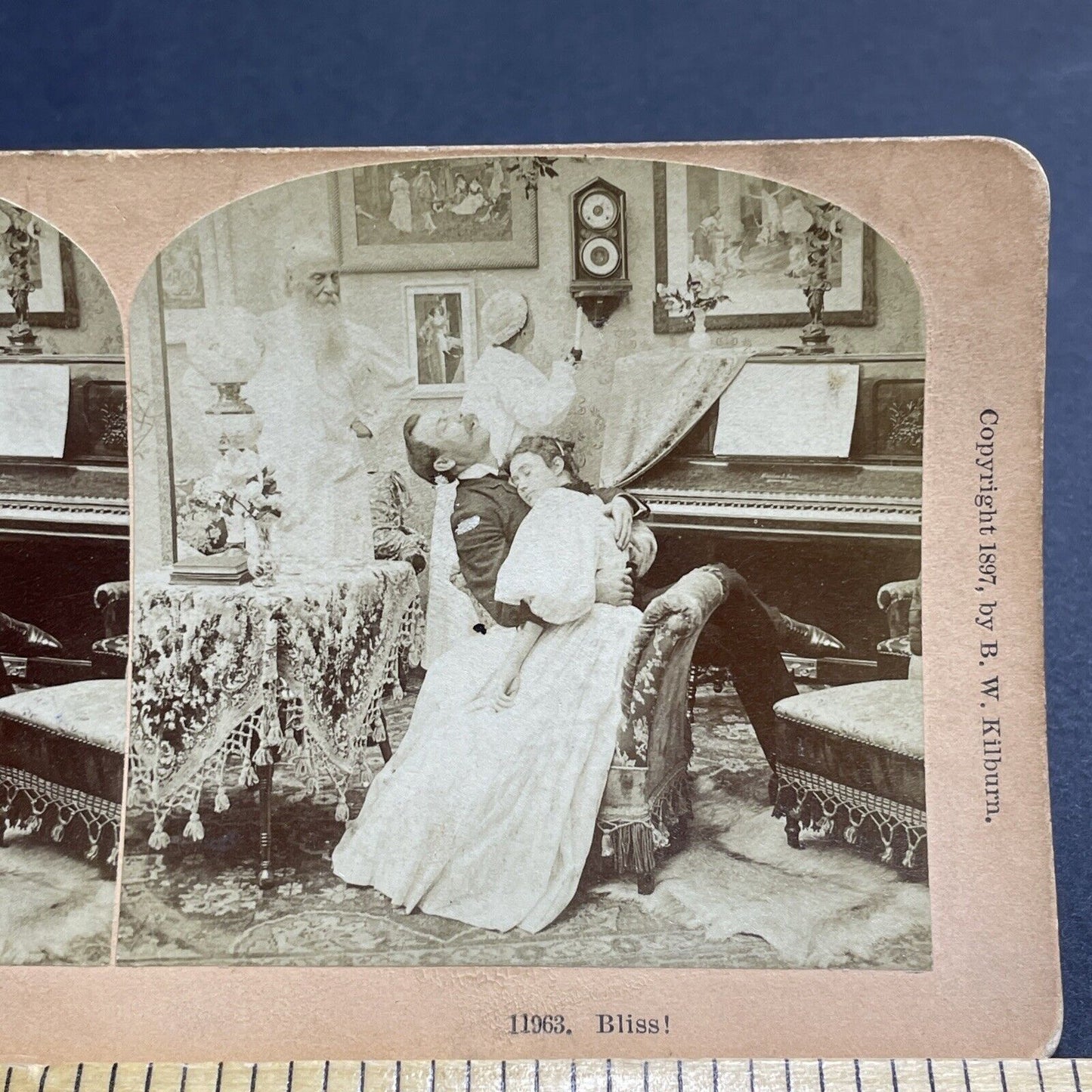 Antique 1897 Husband And Wife Fall Asleep At Piano Stereoview Photo Card P2003