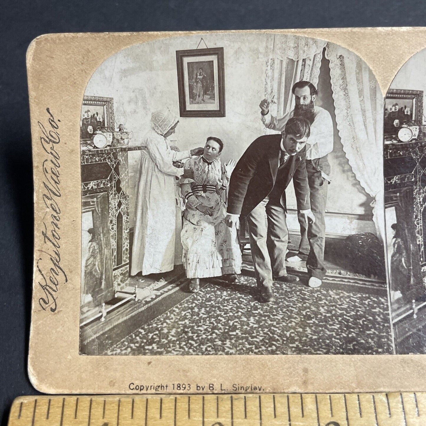 Antique 1893 Father Punches Daughters Boyfriend Stereoview Photo Card P4835