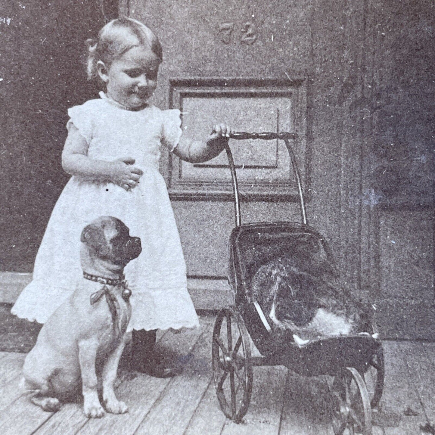 Antique 1880s Young Girl With A Cat In Baby Buggy Stereoview Photo Card P2877