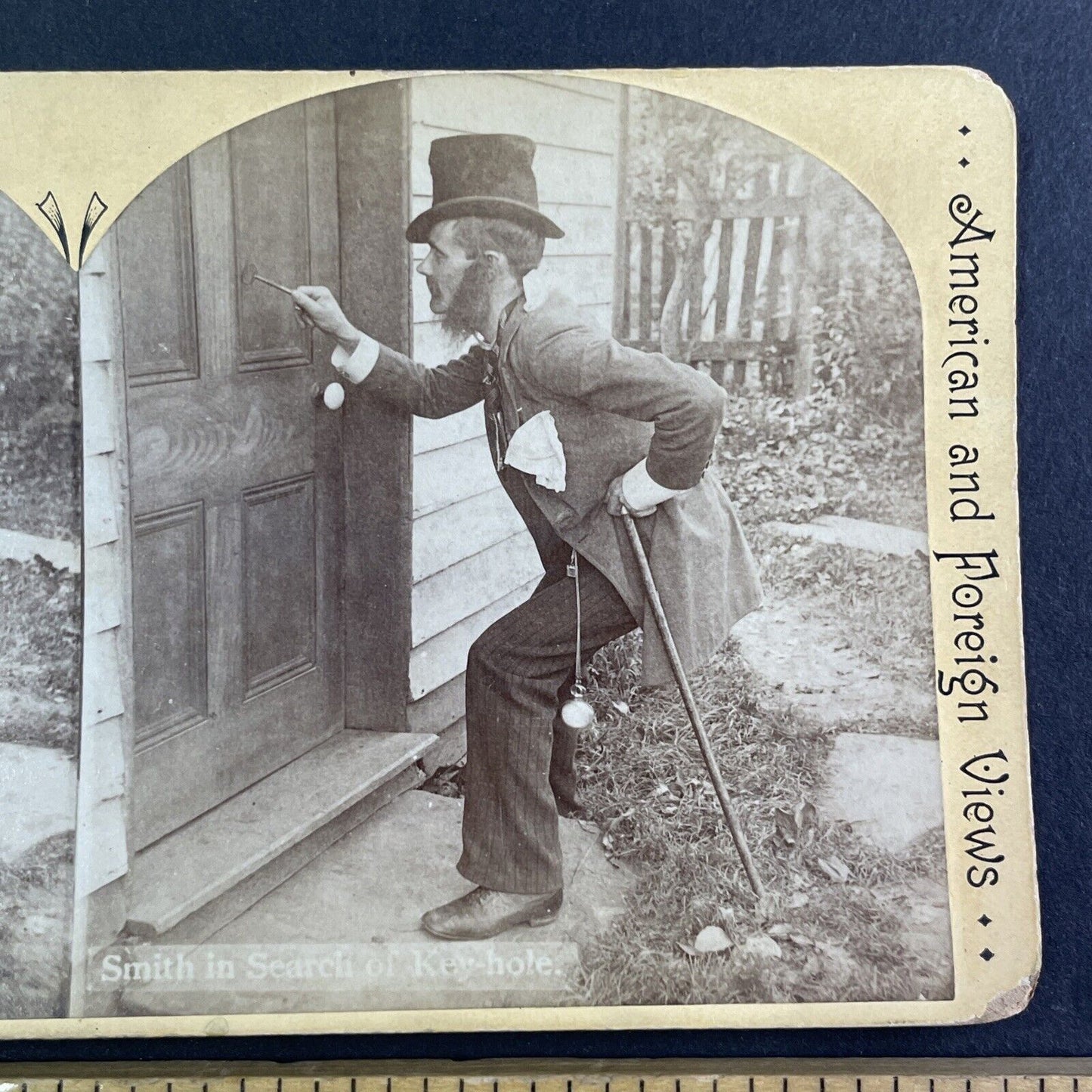 Drunk Man Can't Figure Out How To Open Door Stereoview Antique c1870s Y1345